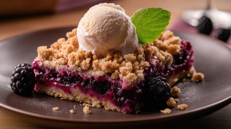A blackberry crumble bar, topped with a scoop of vanilla ice cream.の素材
