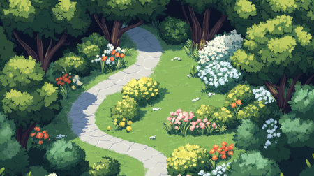 A 2D game level background with a winding path through a forest, with trees, bushes, and flowers.の素材