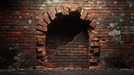 A brick wall background with a crumbling section and a hidden passage.の素材