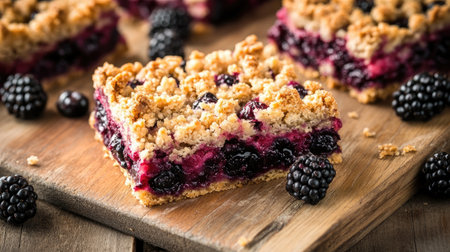 A blackberry crumble bar, freshly baked and served on a rustic wooden board.の素材