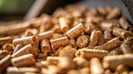 A close-up of biomass wood pellets, highlighting their texture and color.の素材