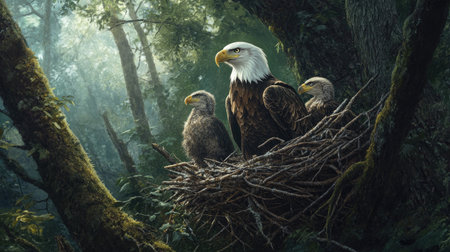 Wildlife in a Serene Forest Nest: An eagle family nestled in a forest canopy, the peaceful setting filled with the sounds of nature, capturing a moment of wildlife harmony.の素材