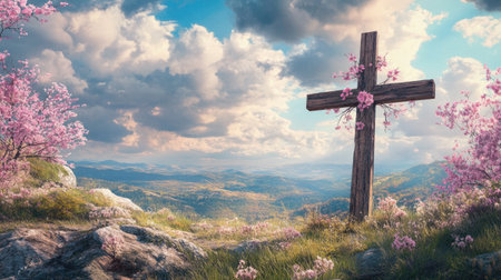 A photorealistic image of a wooden cross with pink blossoms, standing on a hill overlooking a scenic landscape.の素材