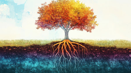 A colorful illustration of a tree and its root system, highlighting the symbiotic relationship with the soil.の素材