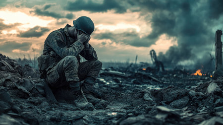A haunting image of a soldier sitting on a pile of rubble, his head bowed in prayerの素材