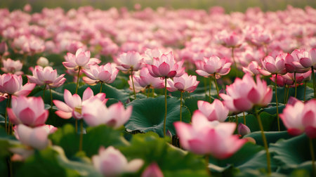 A field of pink lotus flowers, stretching as far as the eye can see.の素材