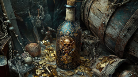 A pirate bottle, surrounded by treasure and pirate-themed objects.の素材