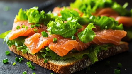 A mouthwatering open-faced smoked salmon sandwich, piled high with fresh lettuce and garnished with chives.の素材