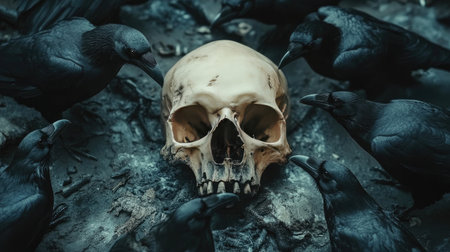 A human skull and bones, surrounded by ravens and crows.の素材
