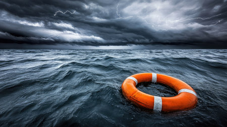A dramatic image of an orange lifebuoy floating in a stormy sea, with dark clouds and lightning.の素材