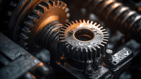 A high-contrast image of a metallic gear mechanism, with the oil reflecting the light in dramatic waysの素材