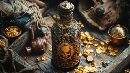 A pirate bottle, surrounded by treasure and pirate-themed objects.の素材