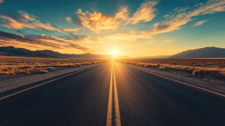 Endless highway through the desert at sunset, featuring vibrant colors and an expansive sky, ideal for travel and road trip themesの素材