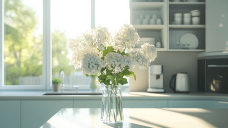 A modern kitchen with white flowers in a vase, showcasing kitchenware or appliances.の素材