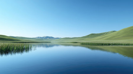 A photorealistic image of a calm lake reflecting a clear blue sky and green hills.の素材