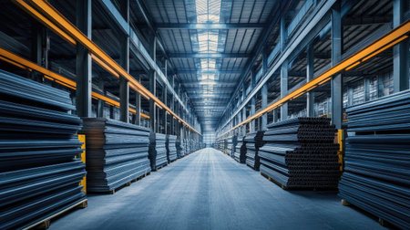 Rows of stacked steel beams inside a large industrial warehouse, representing construction, storage, and manufacturing processesの素材