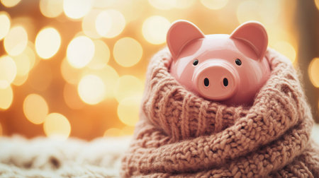 A pink piggy bank wrapped in a cozy scarf, symbolizing the challenge of saving for winter heating bills, set against a warm backdropの素材