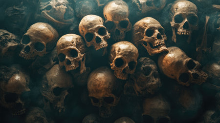 A pile of human skulls and bones, scattered on a dark, foggy background.の素材