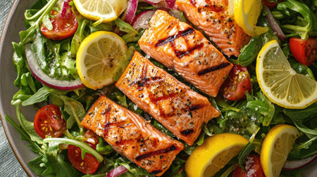 Delicious grilled salmon salad with vibrant veggies and lemon slices, highlighting a nutritious and tasty meal optionの素材