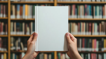 Hands holding a blank white book cover in a library, perfect for a mockup or book cover design concept, with shelves of books in the backgroundの素材