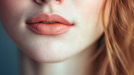 Close-up of a young woman lips after a permanent makeup procedure, a soft peachy shade enhancing her natural beauty.の素材