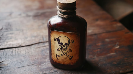 A vintage pirate bottle, with a skull and crossbones label, sitting on a wooden table.の素材