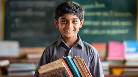 A smiling Indian boy confidently holding a pile of books, standing in front of a classroom, blackboard in the backgroundの素材
