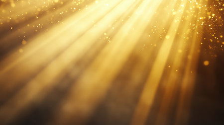 Golden light rays illuminating a soft background, offering a bright and uplifting visual for atmospheric designsの素材