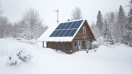 A solar panel system generating electricity on a snowy day.の素材