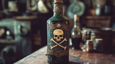 A vintage pirate bottle, with a skull and crossbones label, sitting on a wooden table.の素材