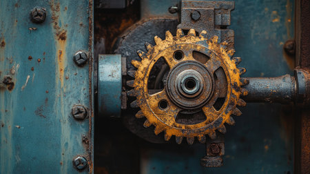 A vintage-style image of a metallic gear mechanism, reminiscent of industrial machinery from a bygone era.の素材
