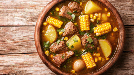 A delicious bowl of Colombian sancocho soup, filled with corn, meat, and potatoes, captured from above with space for copy.の素材