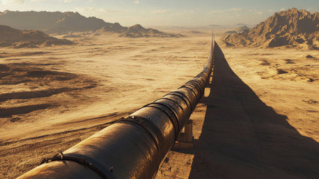 Panoramic view of an oil pipeline stretching across a vast desertの素材