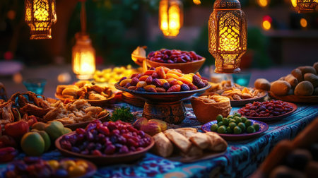 A decorative spread of nutritious foods for Suhoor, from fresh fruits to dates and bread, on a table illuminated with soft lanterns.の素材