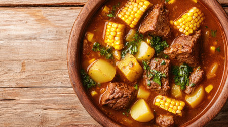 A flavorful Colombian sancocho soup, featuring pieces of meat, corn, and potatoes, captured in a top-down view with space for copy.の素材