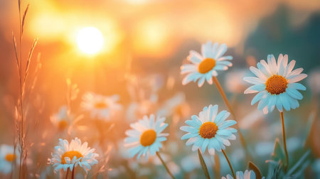 Daisies in a grassy field with a vibrant setting sun in the background, evoking warmth and tranquility during golden hourの素材