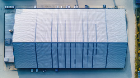 Aerial view of modern metal roof of large warehouse building, showcasing its durable and efficient industrial roofing structureの素材