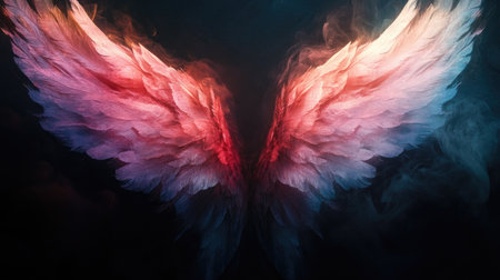 Angel wings glowing in pastel hues with a soft ethereal light, standing out dramatically against a black backdropの素材