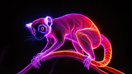 A neon-glowing lemur playfully climbs with bright lights radiating from its outline, set on a black backgroundの素材