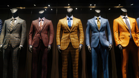 A variety of mannequins in business suits, displayed with different patterns and colors in a stylish, contemporary setup.の素材
