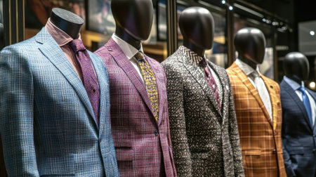 A variety of mannequins in business suits, displayed with different patterns and colors in a stylish, contemporary setup.の素材