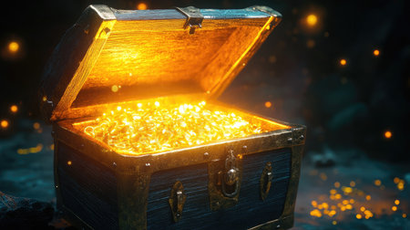 An open treasure chest with glowing gold inside, leaving space for text, perfect for storytelling or branding messages.の素材