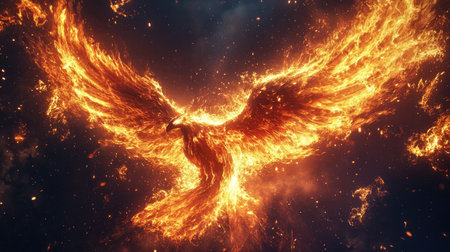Blazing phoenix wings ablaze with fiery feathers, lighting up the dark night with intense heat and energyの素材