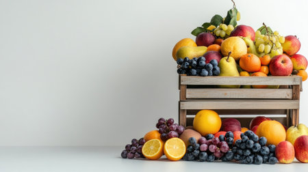A variety of fruits next to an empty stand for product display, set against a fresh, clean white backgroundの素材