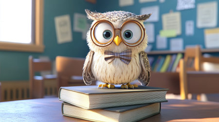 Cartoon owl with round glasses and a bow tie, sitting on a stack of books in a classroom, ready to teach and learn.の素材