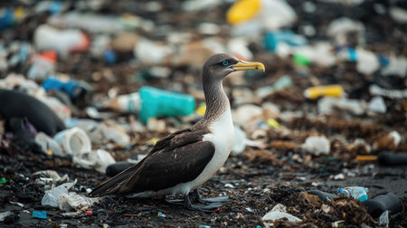 Seabird surrounded by plastic waste on a polluted beach, highlighting the devastating effect of ocean pollution on wildlife and the call for environmental actionの素材