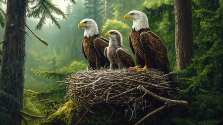 Eagle Family in Serene Forest Nest: A majestic eagle family perched in their nest, nestled in a tranquil forest with lush green trees, embodying nature's nurturing serenity.の素材