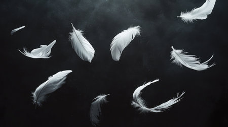 Floating white feathers on a dark background, evoking a sense of calm, lightness, and timeless eleganceの素材