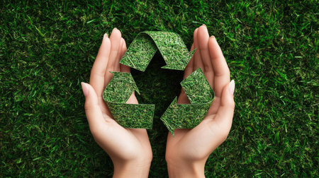 Hands holding a recycling symbol above a green grass surface, representing environmental awareness and responsible waste managementの素材