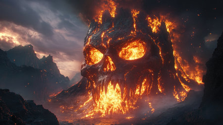 Fiery mountain with a giant skull-shaped entrance, flames erupting from within, casting darkness across a horror fantasy landscape.の素材